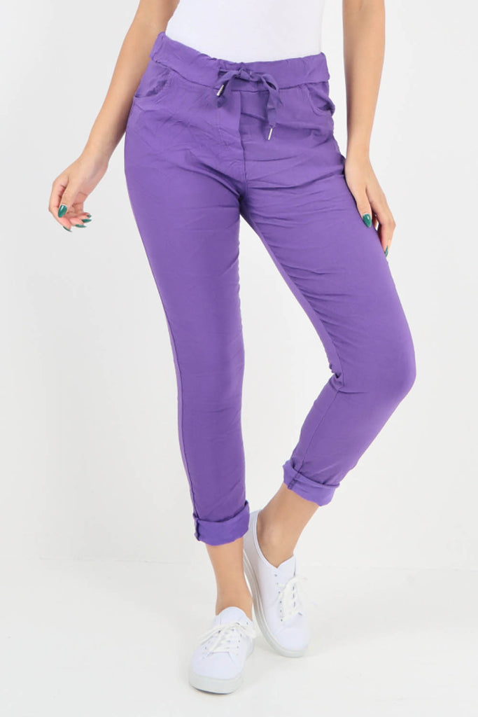 Purple-Plain Drawstring Back Pocket Magic Pants