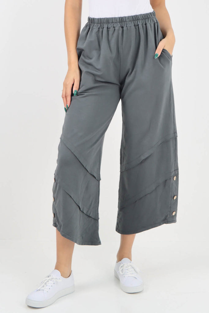 Charcoal- Plain Button Hem Pocket Trouser