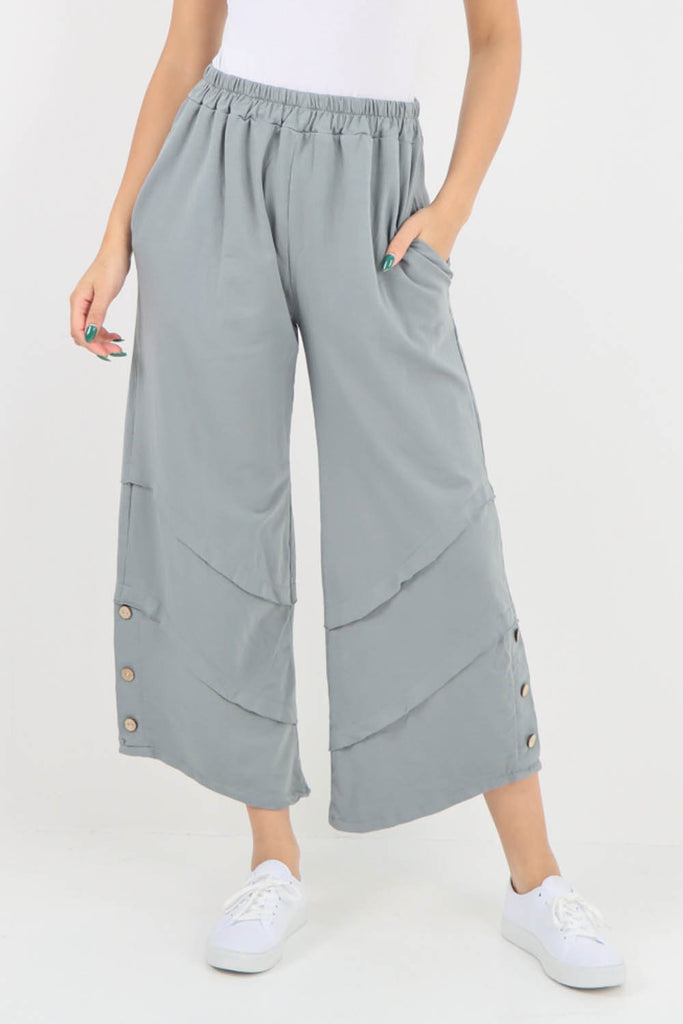 Grey- Plain Button Hem Pocket Trouser