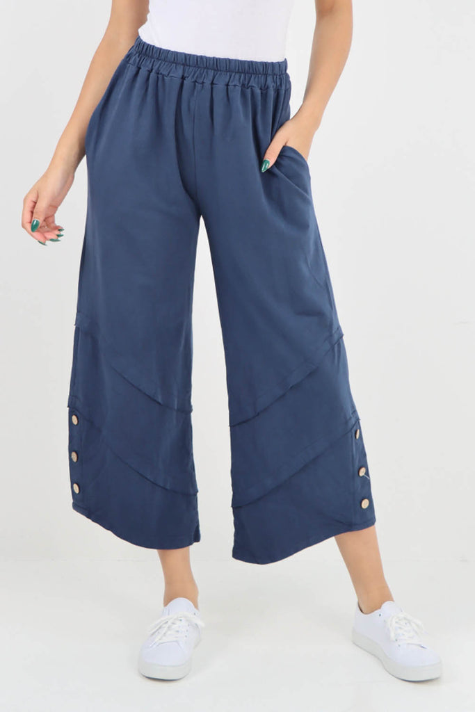 Navy Blue- Plain Button Hem Pocket Trouser