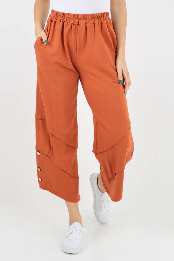 Orange- Plain Button Hem Pocket Trouser