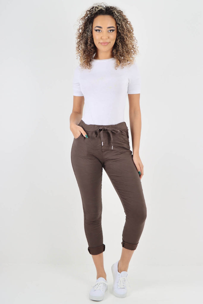 Brown-Plain Drawstring Back Pocket Magic Pants